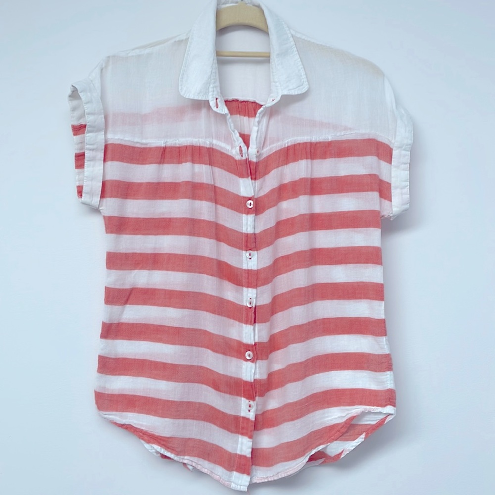 Anthropologie Orange White Striped Short Sleeve Button Up Top Size Small